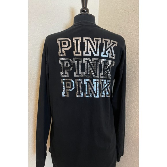 PINK Victoria's Secret-Black Long Sleeve T Shirt Bling Rhinestones-Sz S - Picture 1 of 11